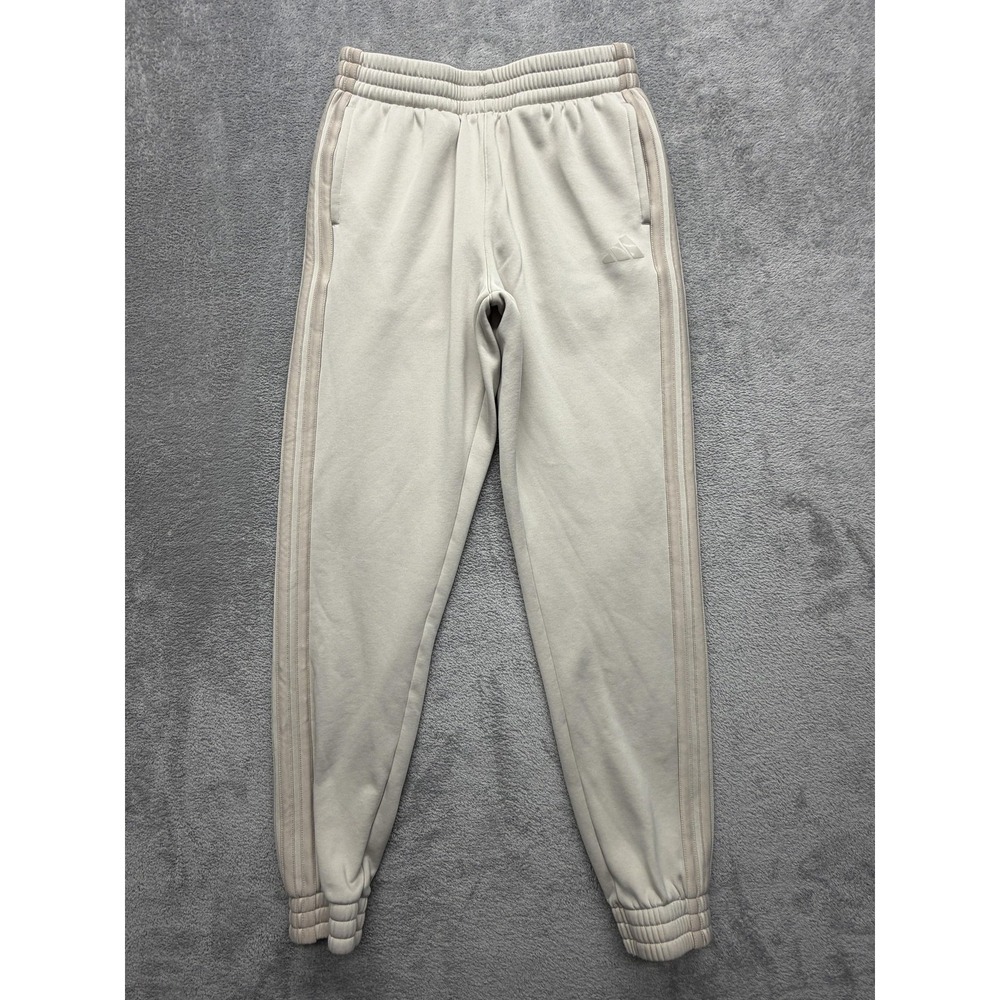 Adidas Pants Youth XL Beige Fleece Joggers Three Stripes Ankle Cuffed Pull On